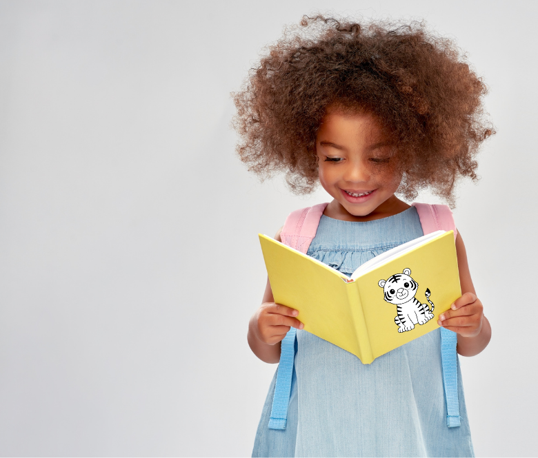 Girl reading a book with a tiger on the cover
