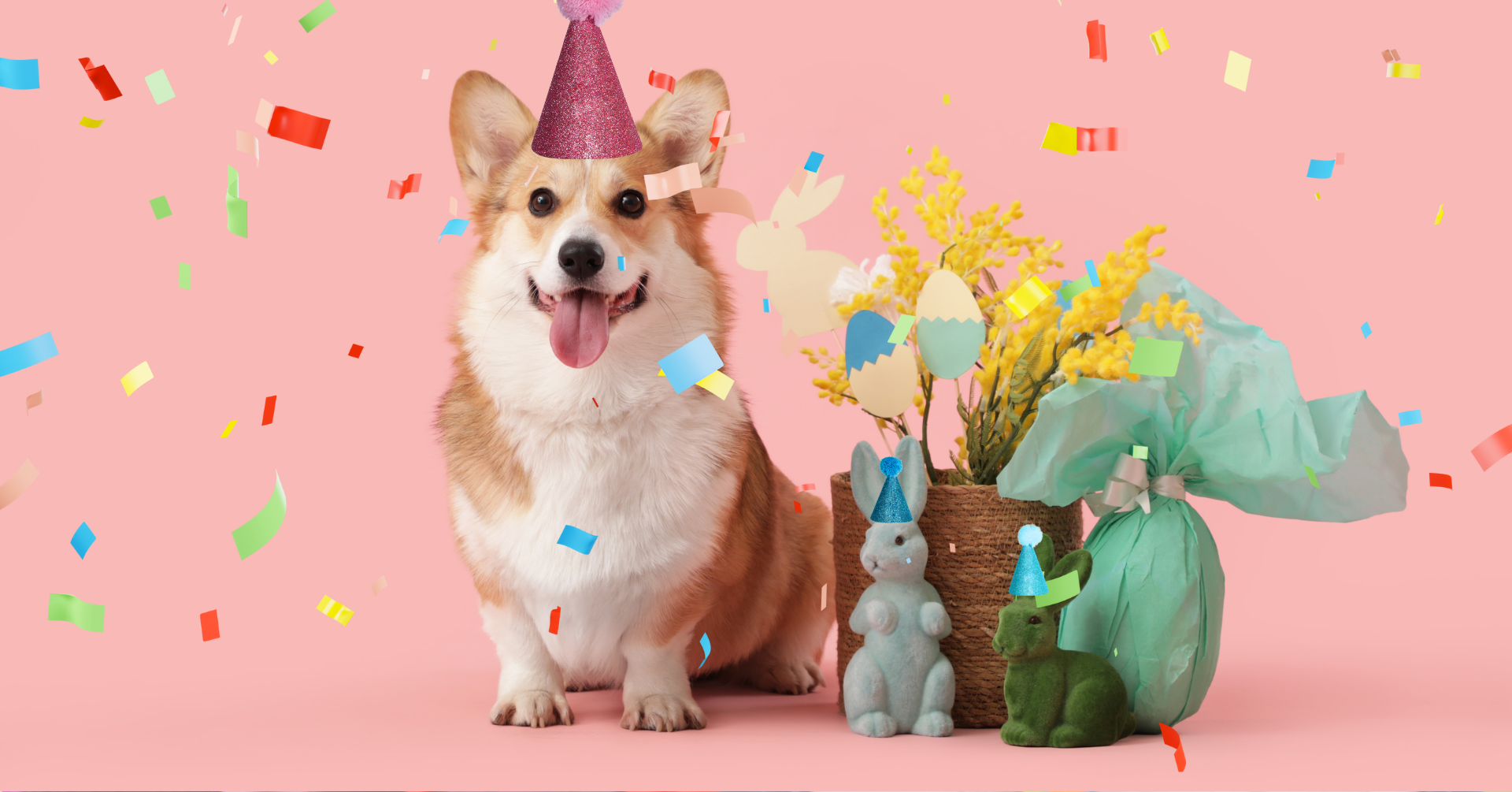 A dog and two bunnies wearing party hats as confetti falls around them