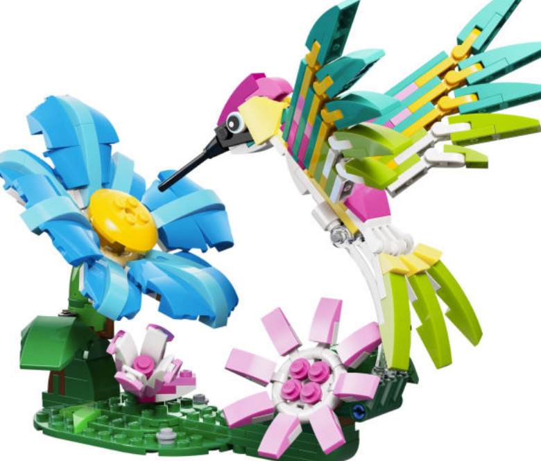 image of a colorful humming bird and flower made from lego