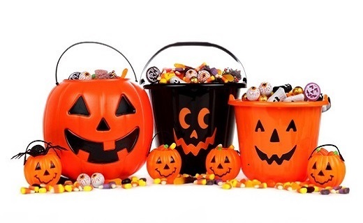 buckets of Halloween candy on display