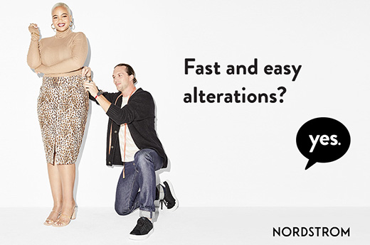 woman having her skirt altered by a man measuring the waist with text Fast and easy alterations? Yes. Nordstrom