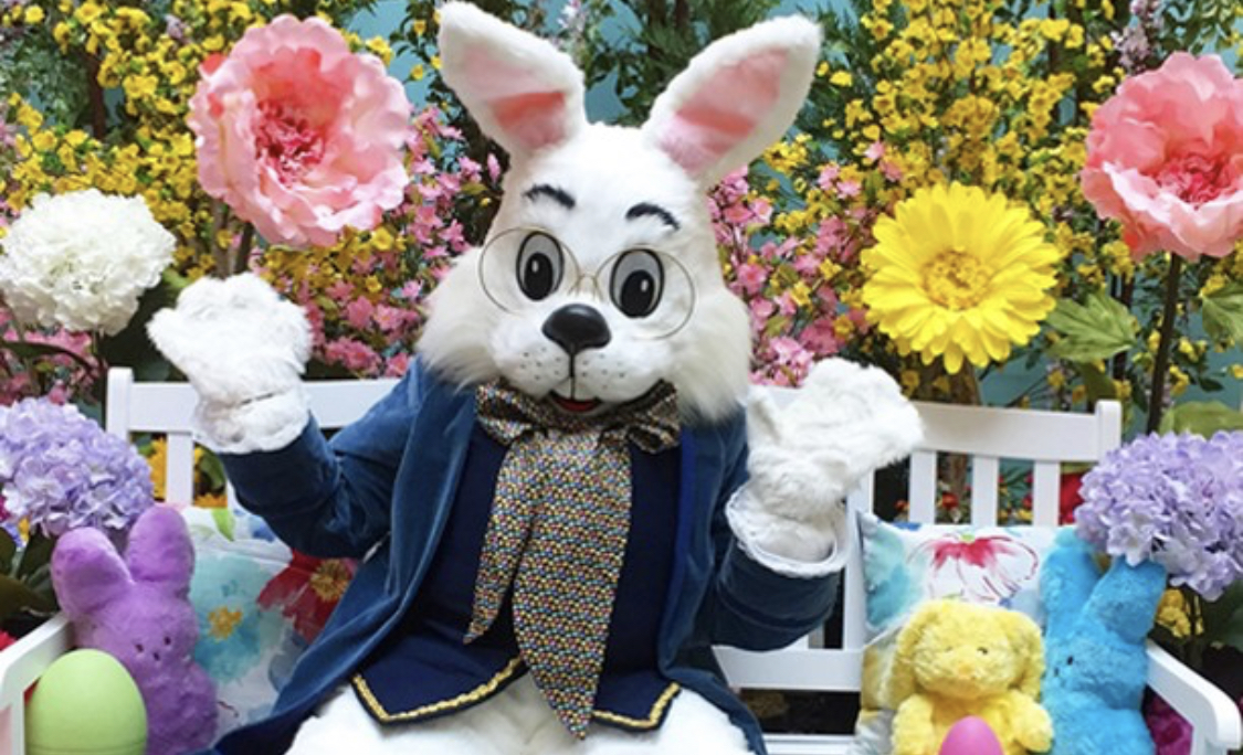 Easter Bunny sitting with colorful flowers and plush animals