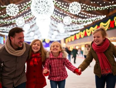 dad and three kis enjoying an ice skating rink