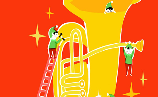 graphic of elves working on a tuba