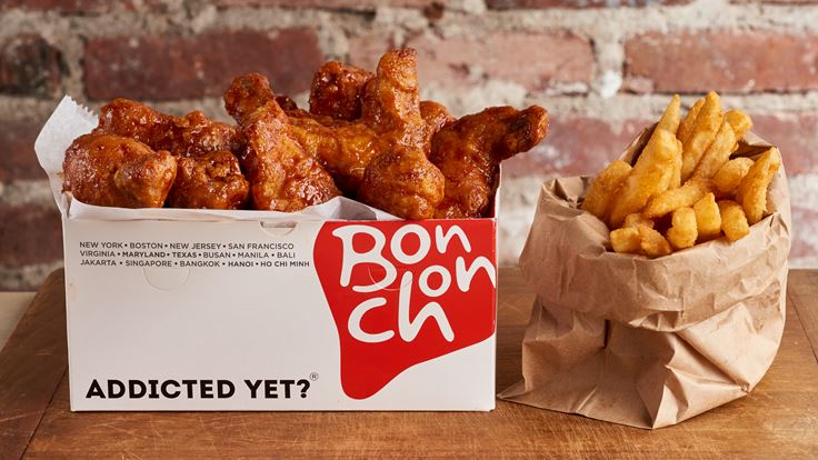 A box of korean fried chicken and fries from BonChon