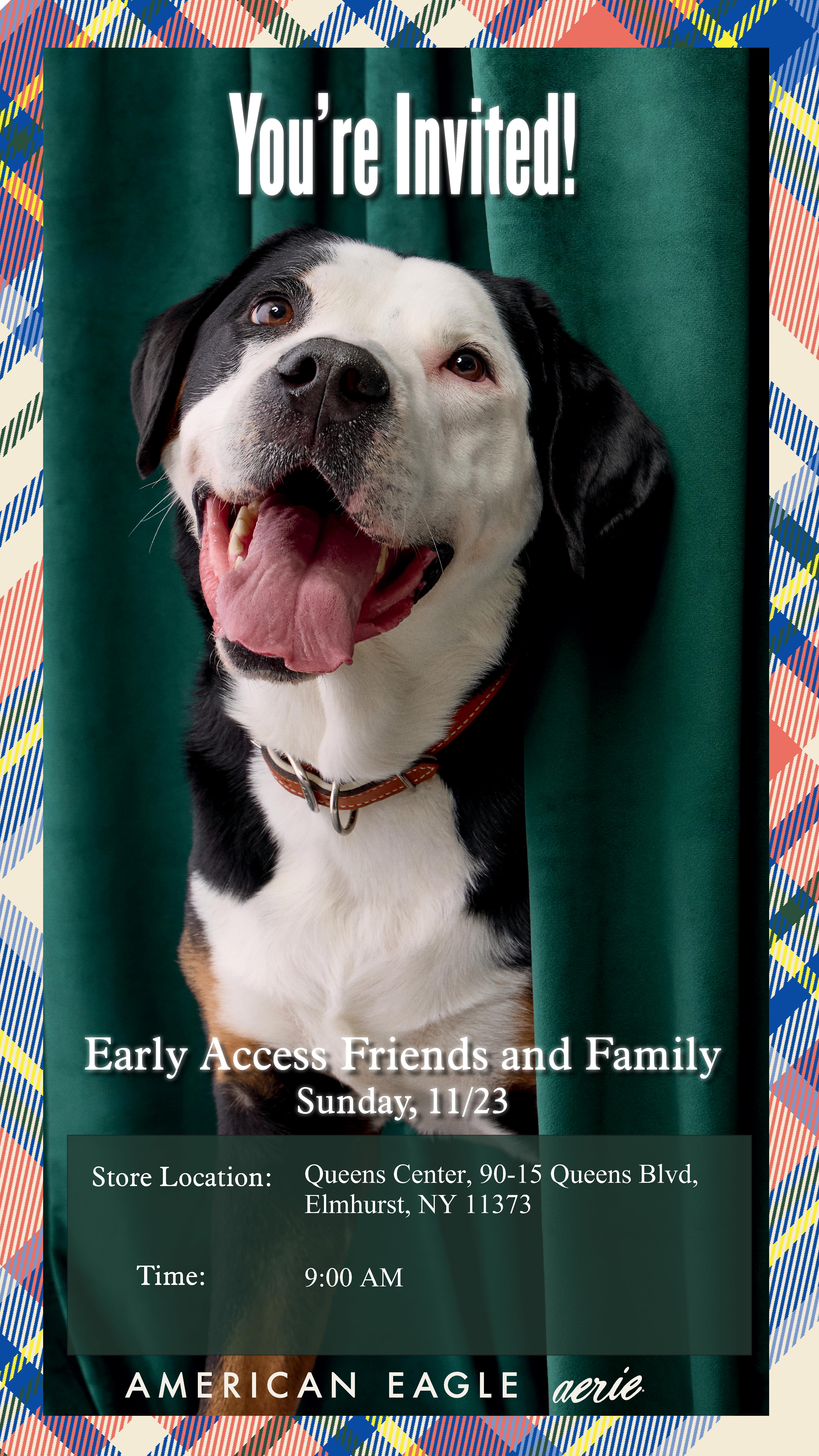 Photograph of a dog with text that reads "You're invited! Early access friends and family, Sunday 11/23 - Store location: Queens Center 90-15 Queens Blvd, Elmhurst, NY 11373 - Time: 9:00 AM" 