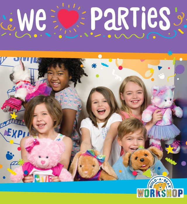 Kids holding custom colorful build a bears with text reading "we heart parties"