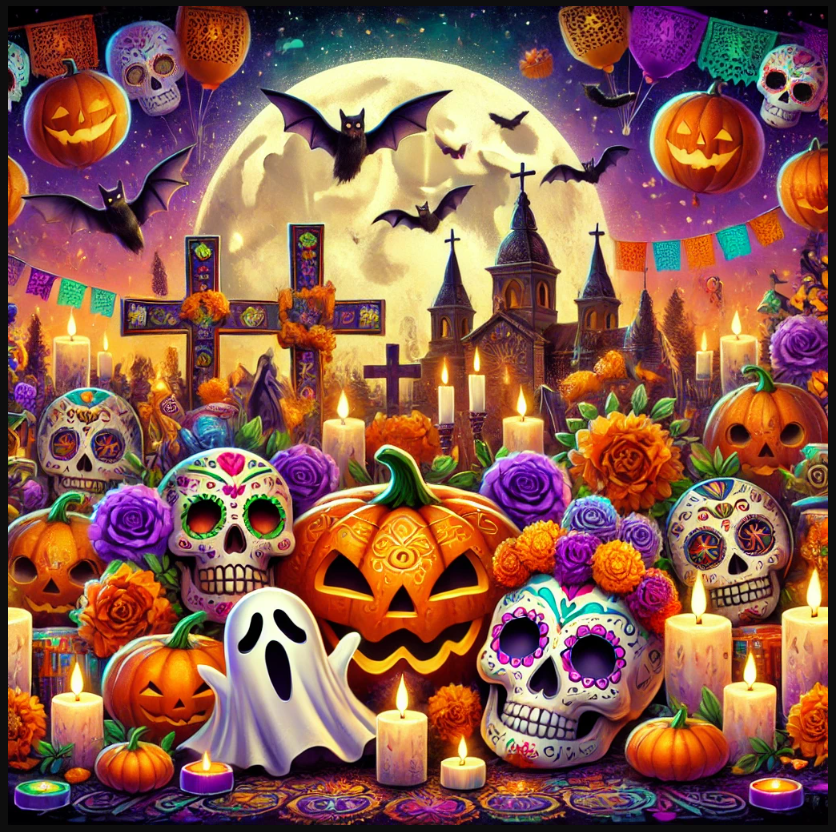 Halloween themed photo filled with pumpkins, skulls, ghosts and bats. 