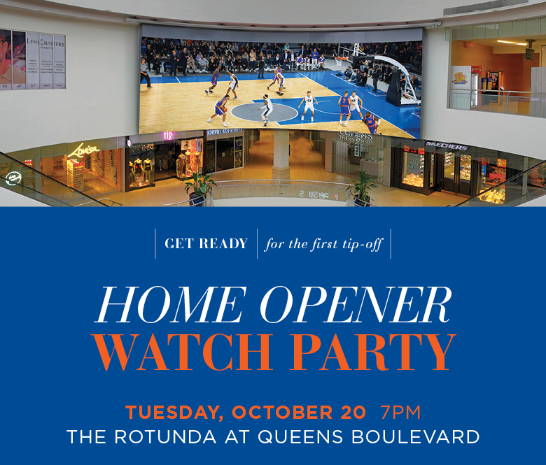 Image of Queens Center's large digital screen displaying a basketball match above the Rotunda, promoting the Home Opener Watch Party on Tuesday, October 20 at 7PM.