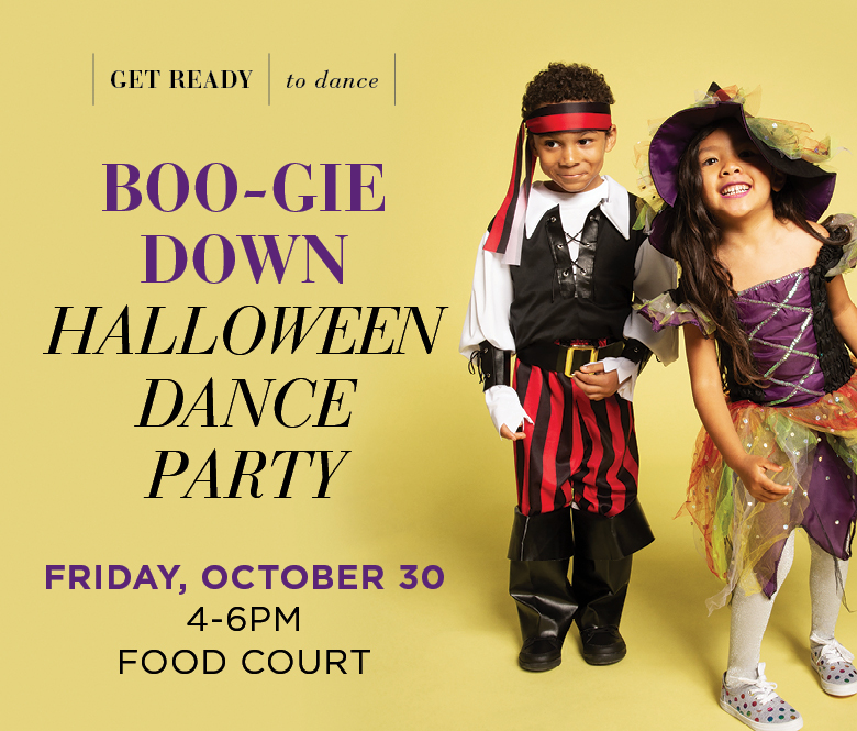 Boo-gie Down Halloween Dance Party promotional graphic featuring two children in costume — a boy dressed as a pirate and a girl dressed as a witch — with event details: Friday, October 30, 4–6PM, Food Court