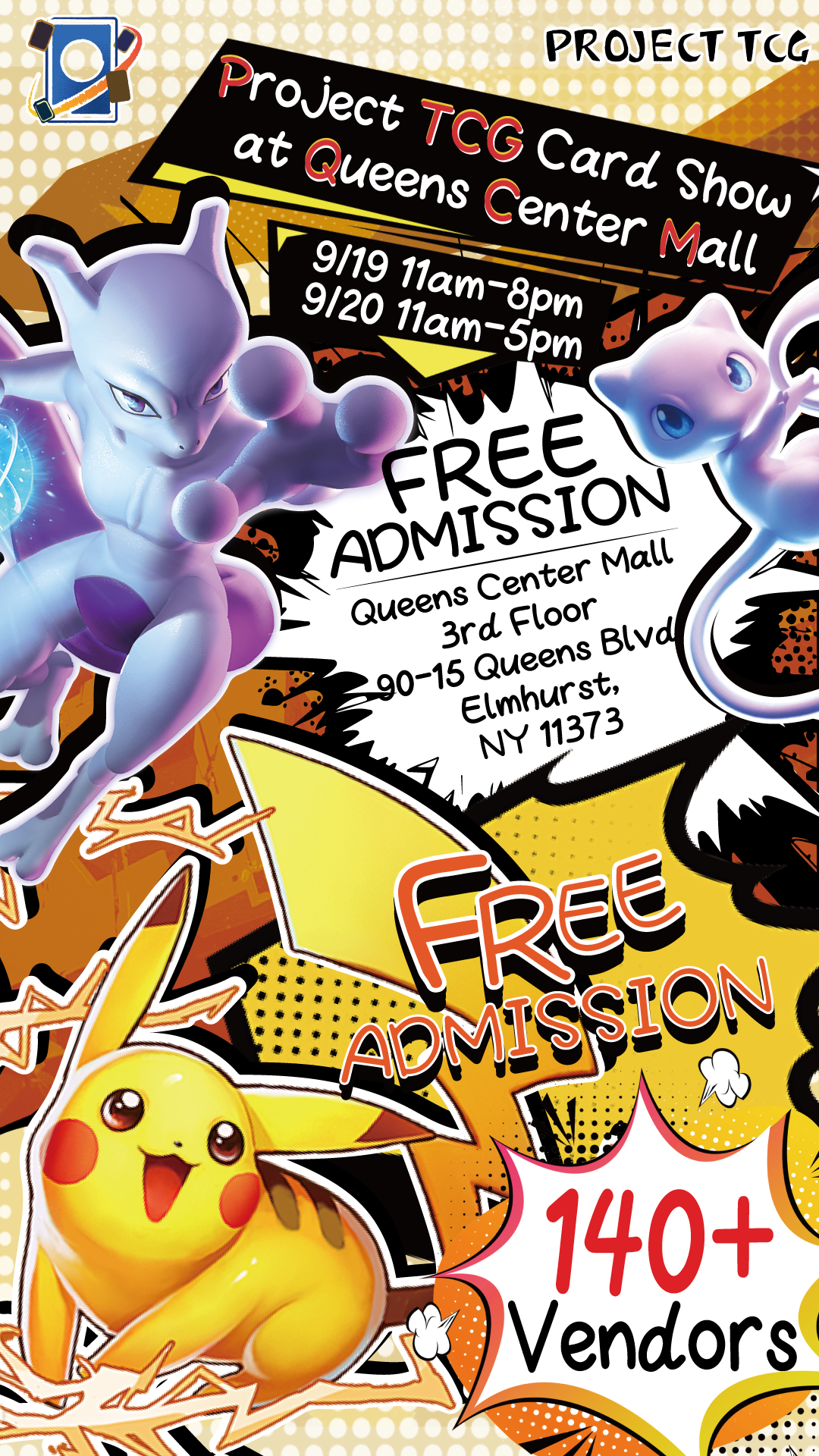 Project TCG Card Show flyer for Queens Center Mall, September 19 to 20, 2026, on the 3rd floor. Free admission with 140+ vendors. Colorful comic-style background featuring illustrated character graphics alongside event details and mall address.
