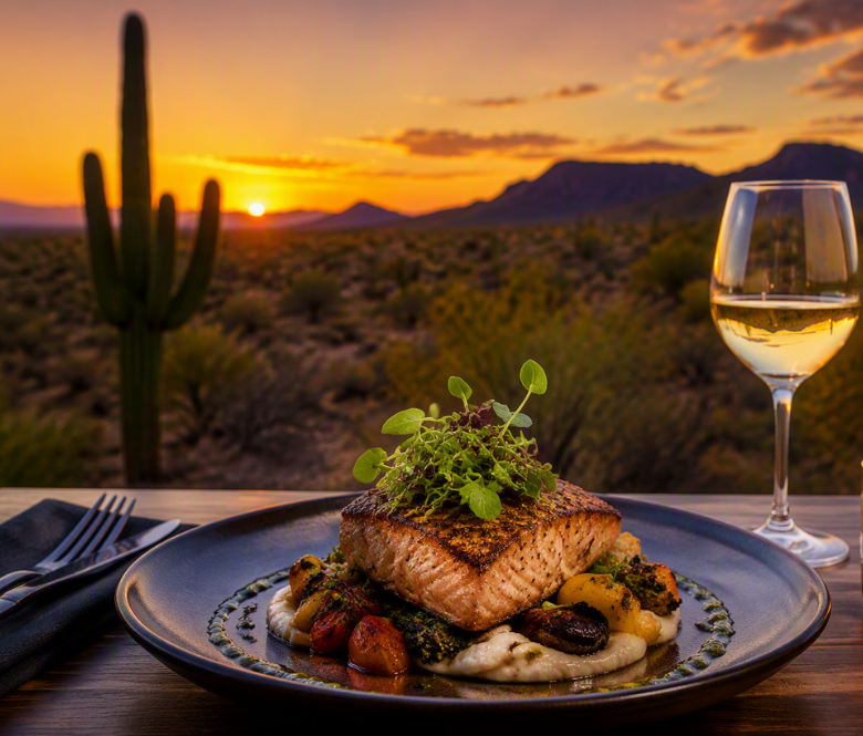 A plate of salmon and mashed potatoes with a glass of wine on a table facing a desert landscape.