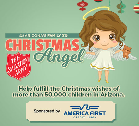 Child-like angel holding a teddy bear with text Help fulfill the Christmas wishes of more than 50,000 children in Arizona. Sponsored by America First Credit Union
