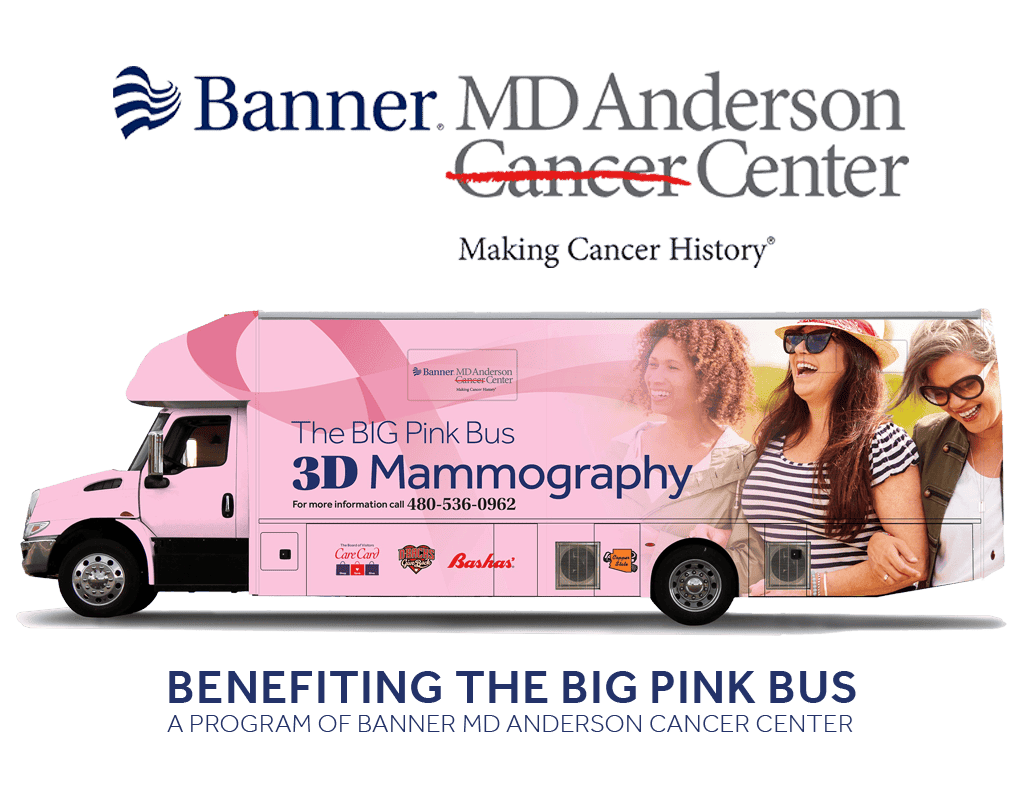 The Big Pink Bus 3D Mammography on the side of a pink bus with a group of women laughing together.