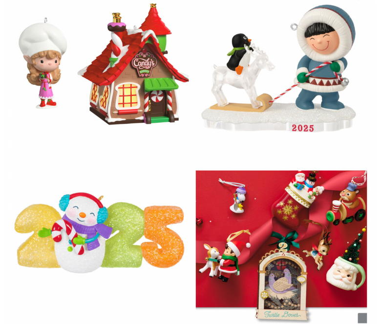 Assorted ornaments featuring a cook with a gingerbread house, a person pulling a sled, a snowman posing as the zero in 2025, and Santa theme assortment.