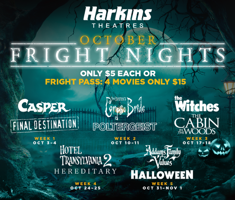 Harkins October Fright Nights movie poster with a graveyard pictured in the background.