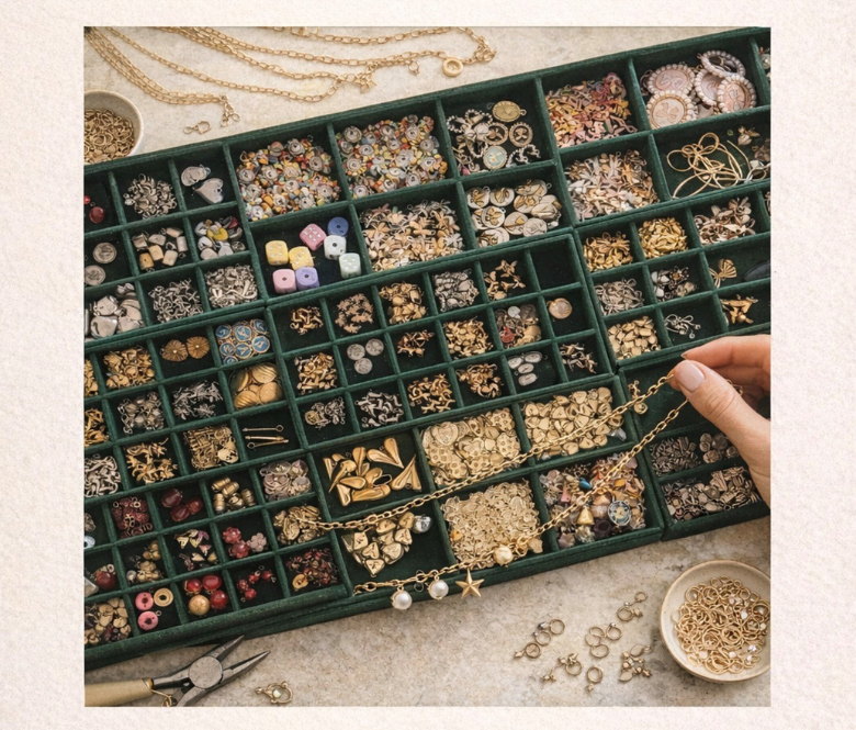 A tray filled with assorted charms and a hand holding a gold chain necklace.