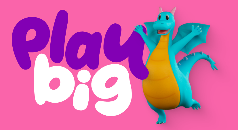 A blue, yellow and pink cartoon dragon smiling with hands in the air next to the words play big.