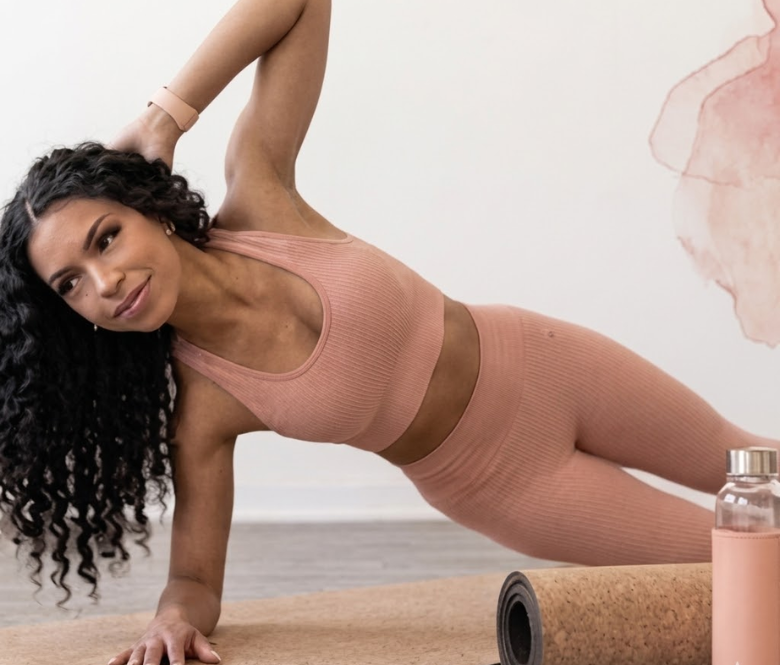 A woman in pink athletic wear performs a Pilates pose on a mat with a water bottle in the foreground.