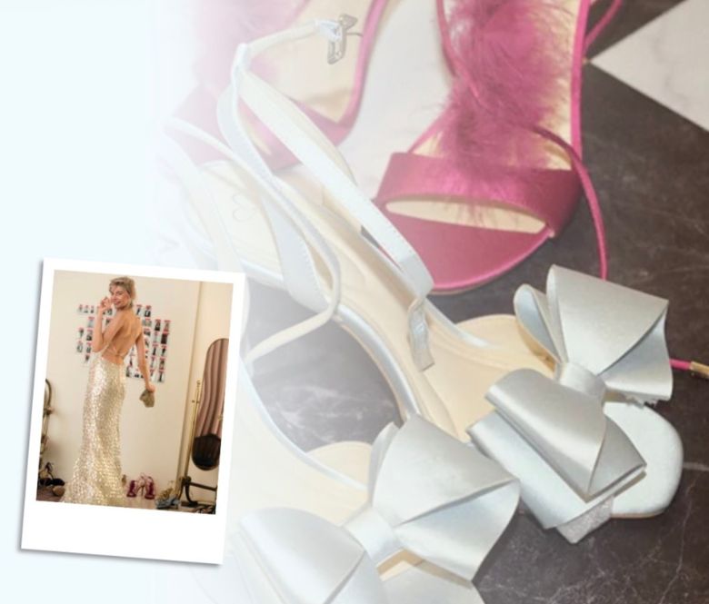 A polaroid picture of a woman in an elegant dress posing on a background of pink and white high heel shoes.