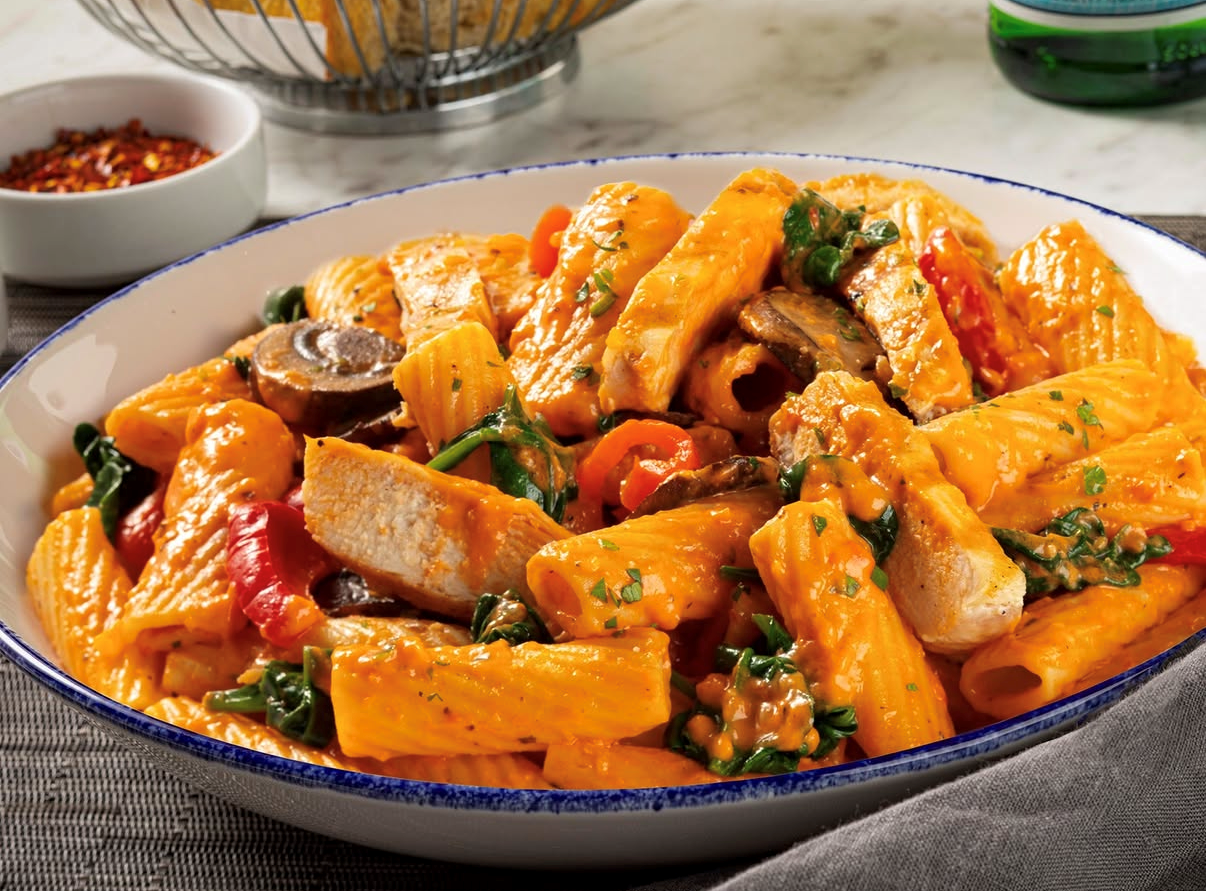 Bowl filled with Pasta Brio on a table.