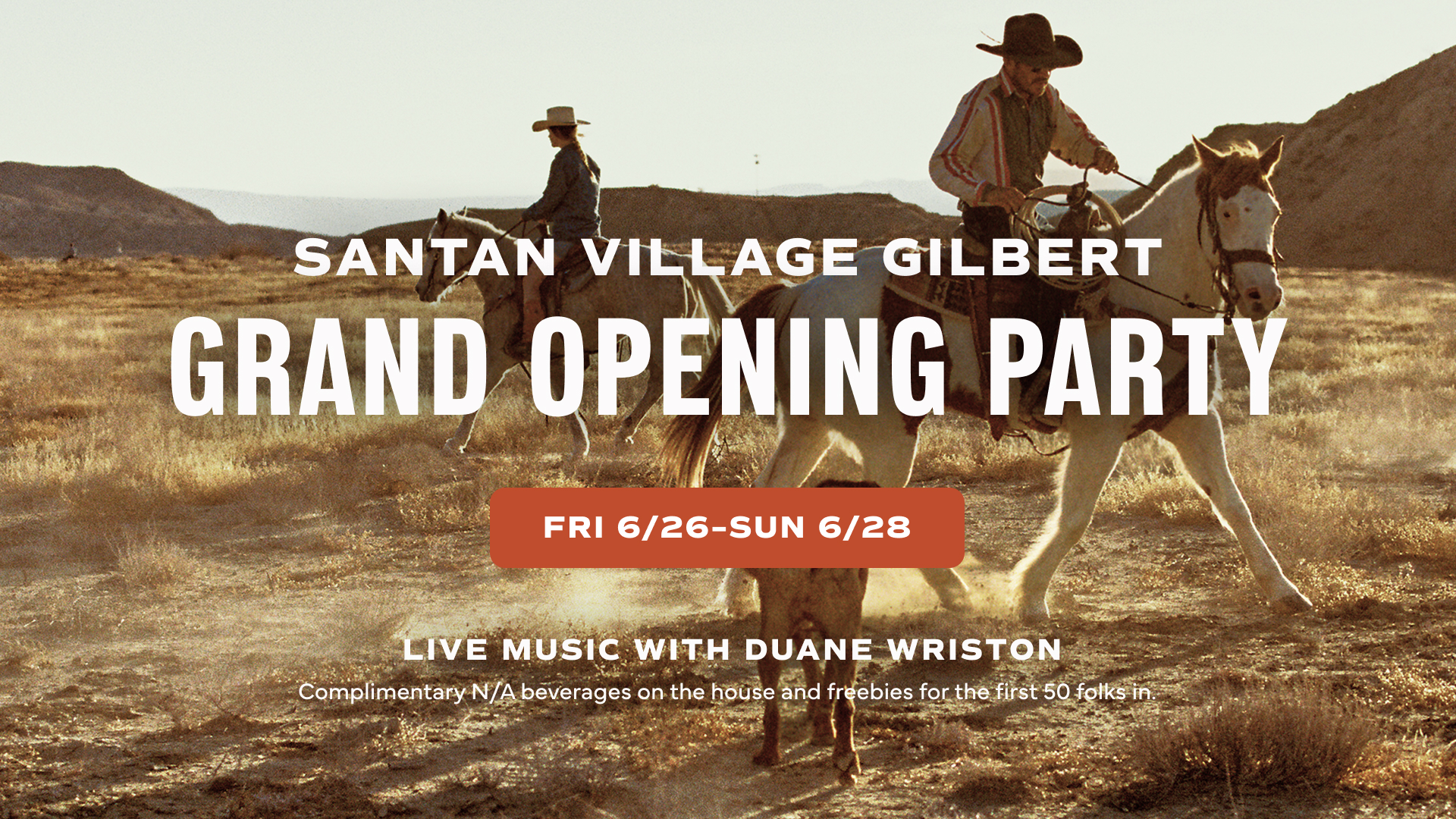 Cowboys on horses in an open desert plain with details for store grand opening.