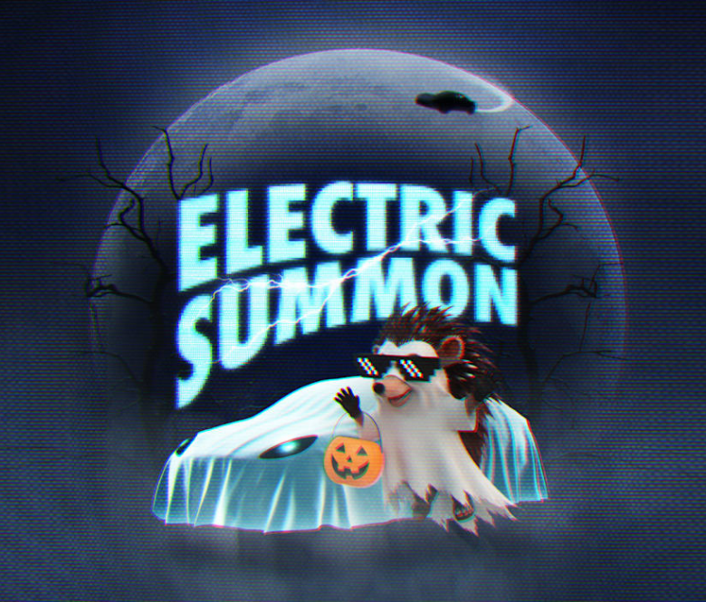 A hedgehog wearing a ghost cloak floating in front of a Tesla car draped in a ghost cloak with a full moon behind it all. 