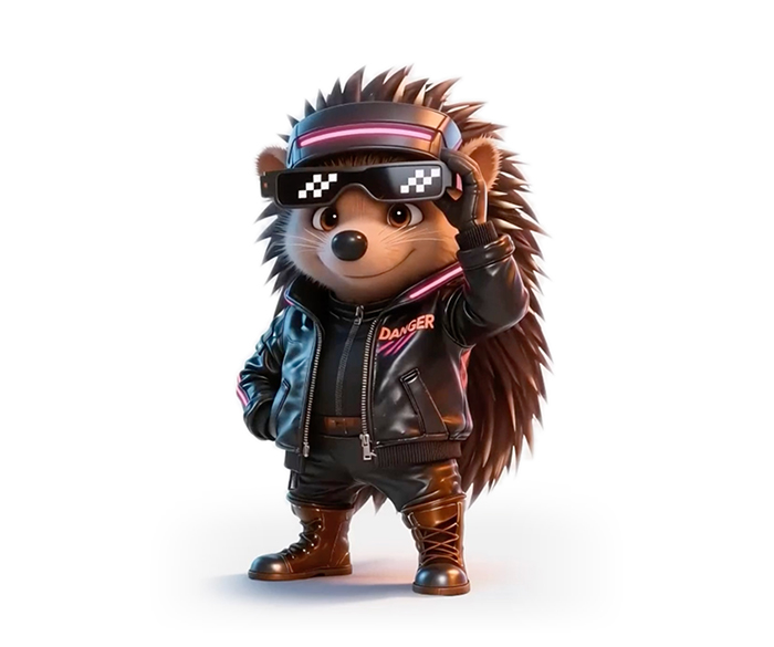 A cartoon hedgehog wearing sunglasses, a leather jacket and boots.