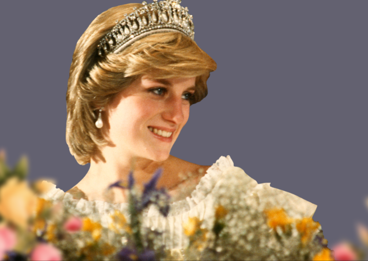 Princess Diana wearing a crown while smiling, surrounded by flowers 