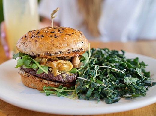 burger and side kale salad