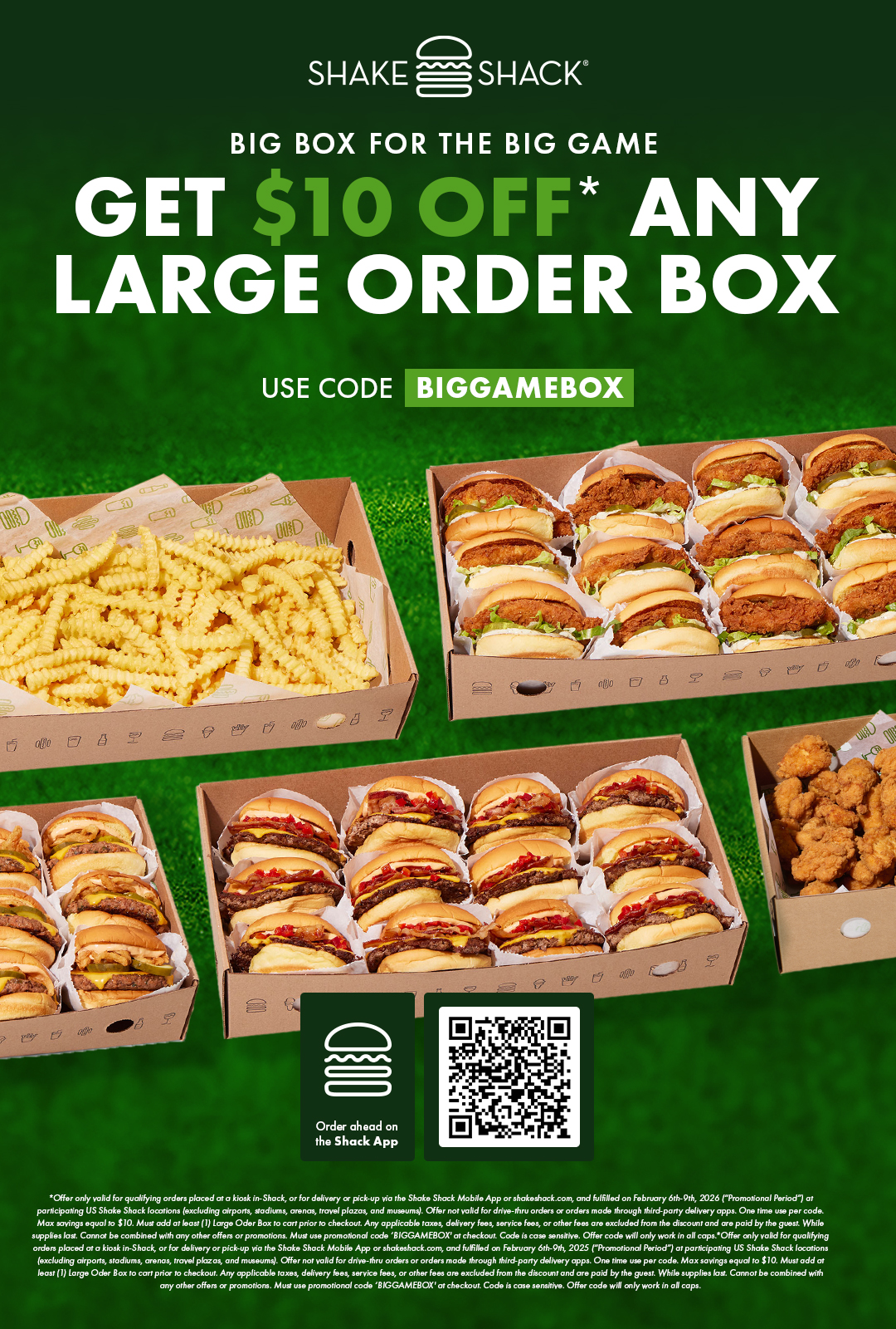 large box of shake shack fryies and burgers 