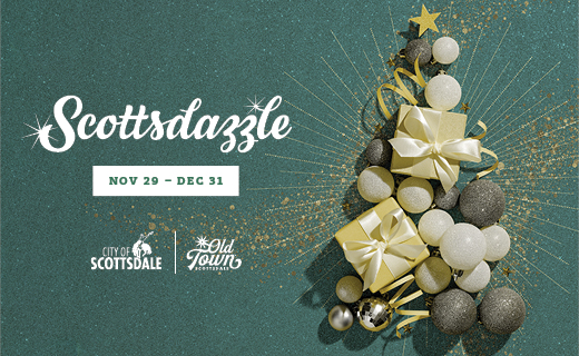 scottsdazzle logo. nov 29-dec 31. christmas tree made our of presents and holiday ornaments. city of scottsdale logo and old town scottsdale logo