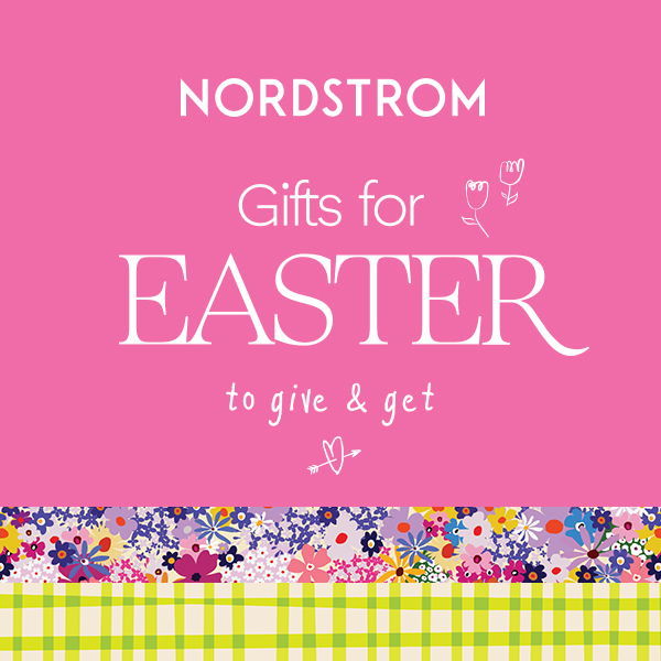 nordstrom gifts for easter to give and get against a pink background with floral and heart drawings 