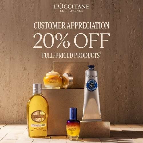 customer appreciation 20% off full priced products. products against a backdrop