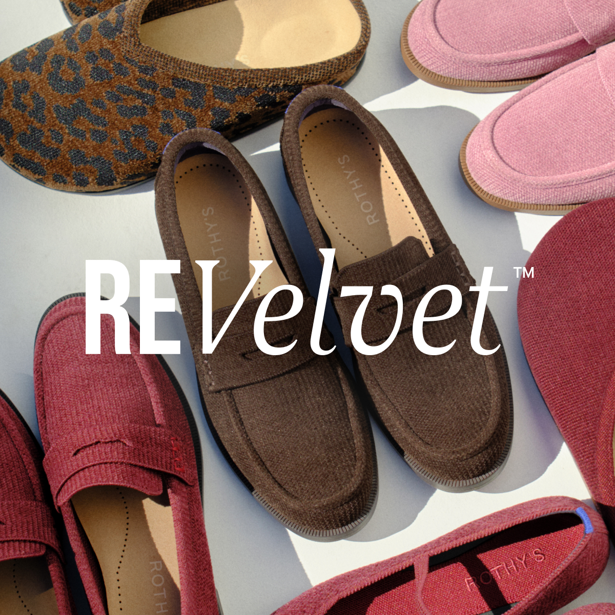 background of shoes with revelvet logo layered on top 