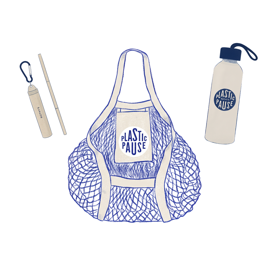 illustration of plastic pause tote bag, water bottle, and reusable straw