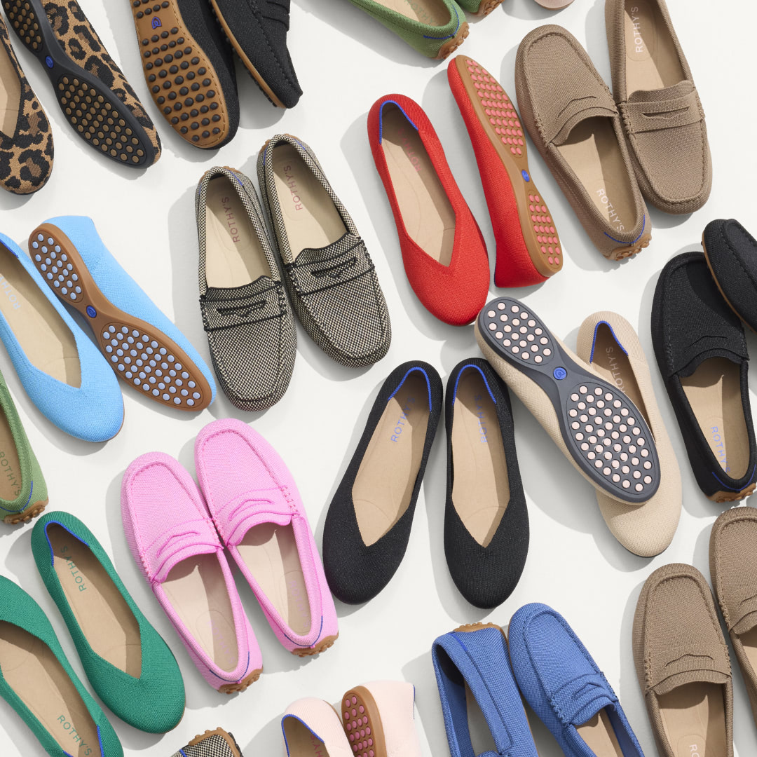 dozens of pairs of flat shoes in different colors 