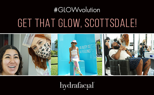 #Glowvolution Get That Glow, Scottsdale! Hydrafacial - three images: first of two women close up shots and male reclining chair and getting a facial treatment