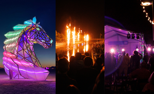 three examples of light-art installations including a concert, flame shooters, and a multicolor horse head
