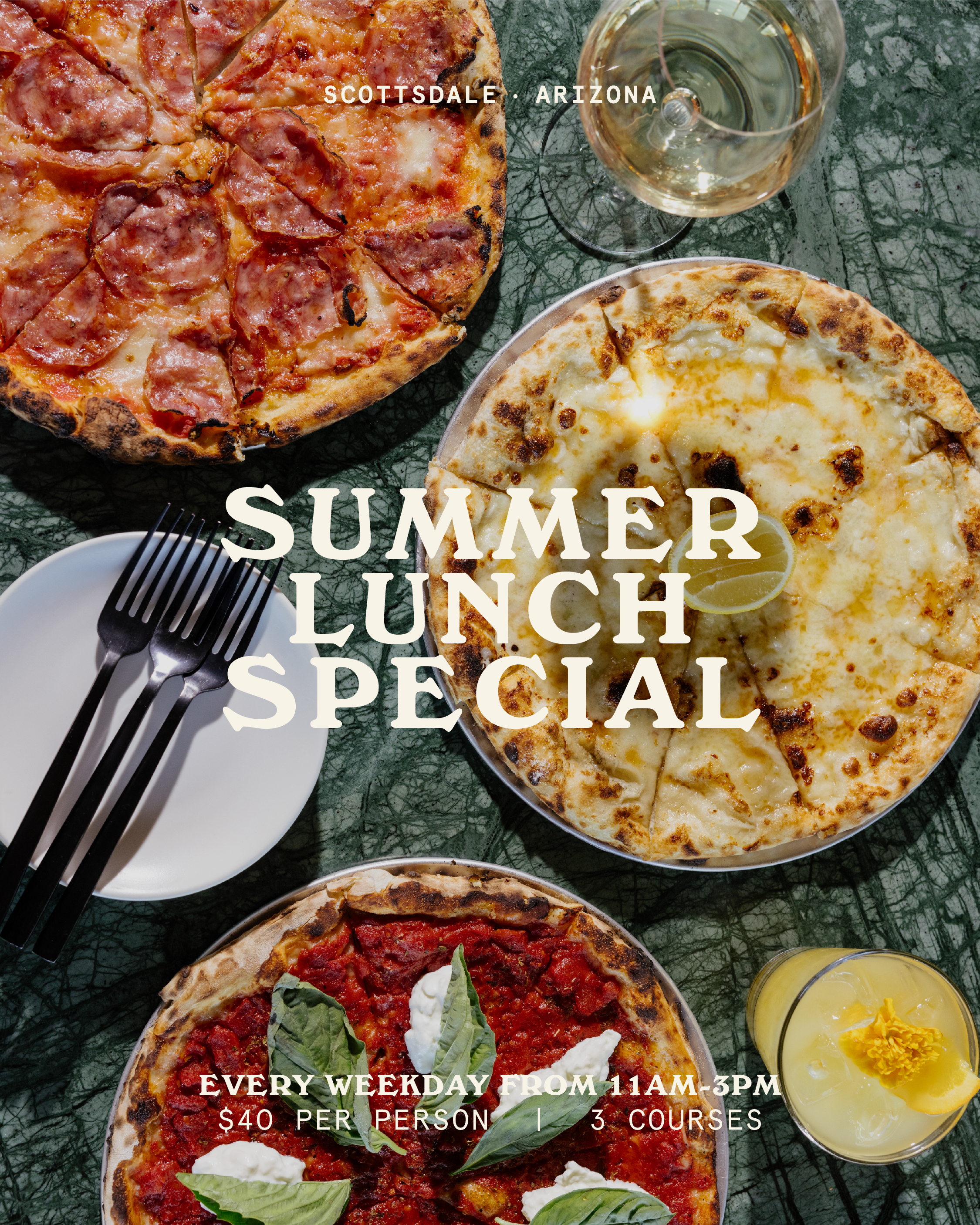 pizza and drinks on a table. summer lunch special every weekday from 11am-3pm. $40 per person | 3 courses