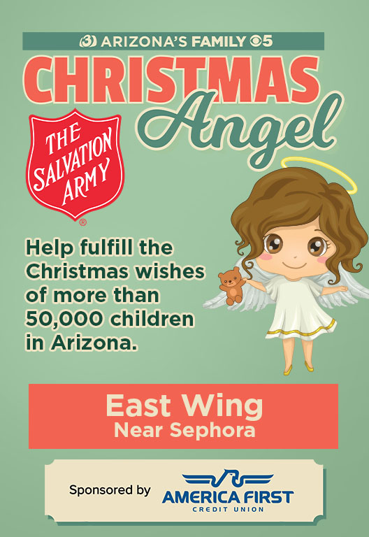 salvation army logo with a cartoon angel. sponsored by america first credit union