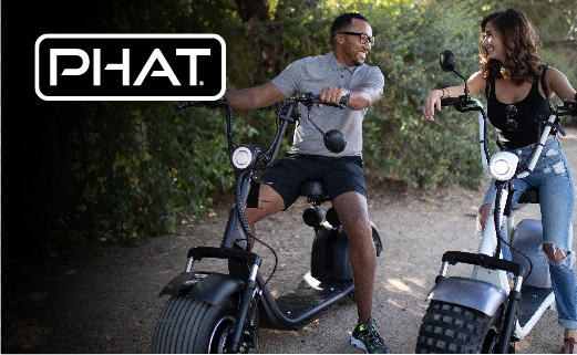 Phat Scooters Electrify your adventure. Photo of a male and female both sitting on a two-wheeled scooters