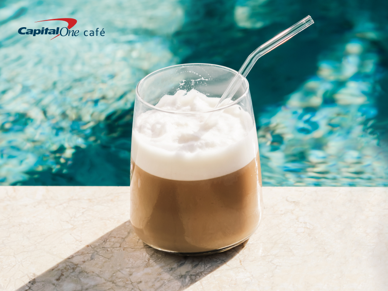 cold coffee drink sitting by a pool 