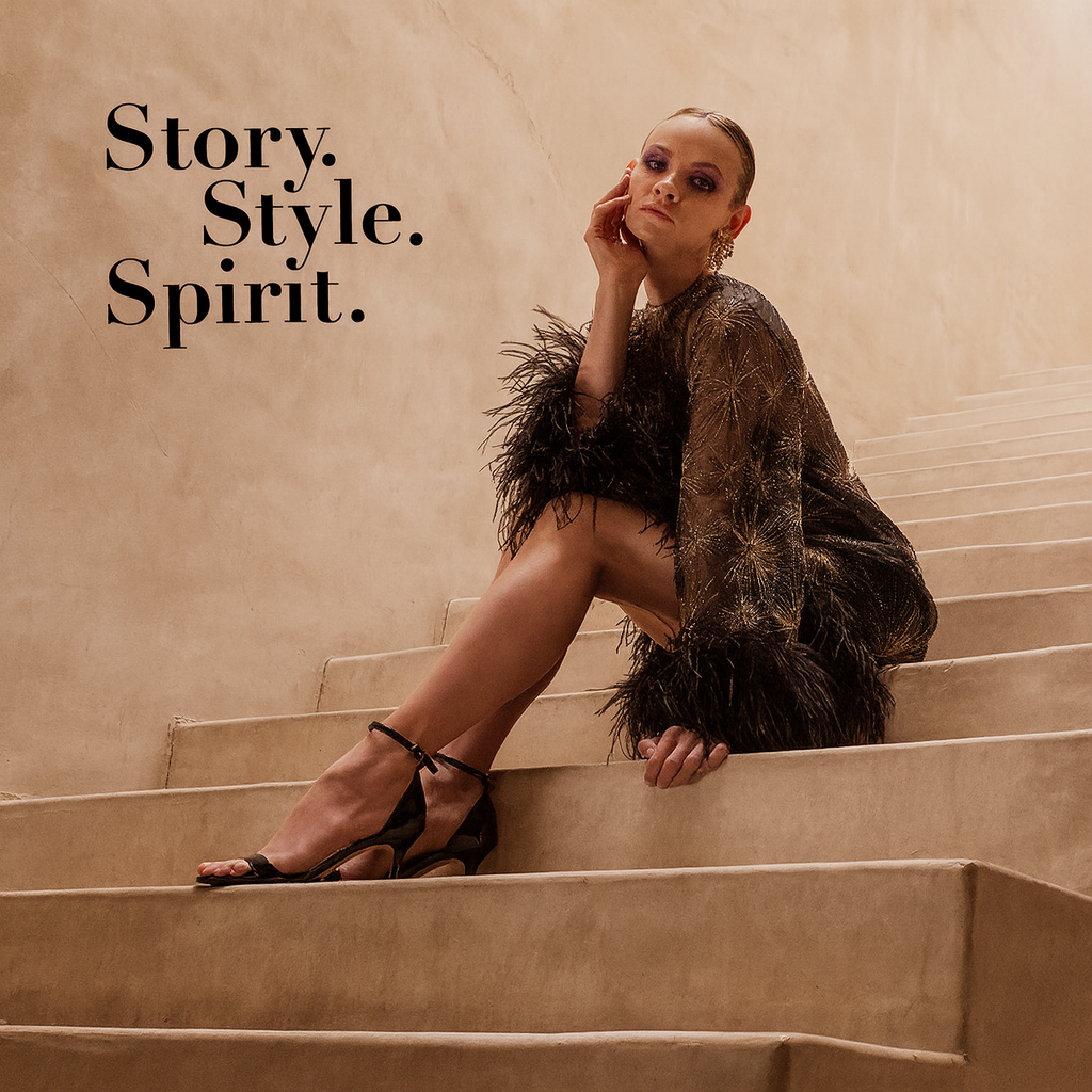 blonde hair model in a elegant dress with feather trims is seated on a stairwell