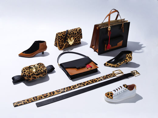 Product lay with two heels, four purses, two belts and one sneaker