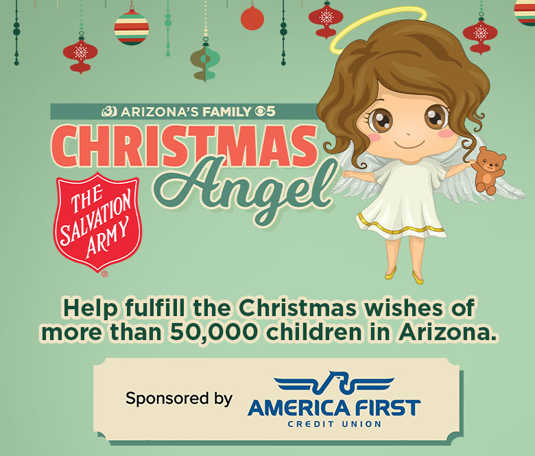 salvation army logo with a cartoon angel. sponsored by america first credit union