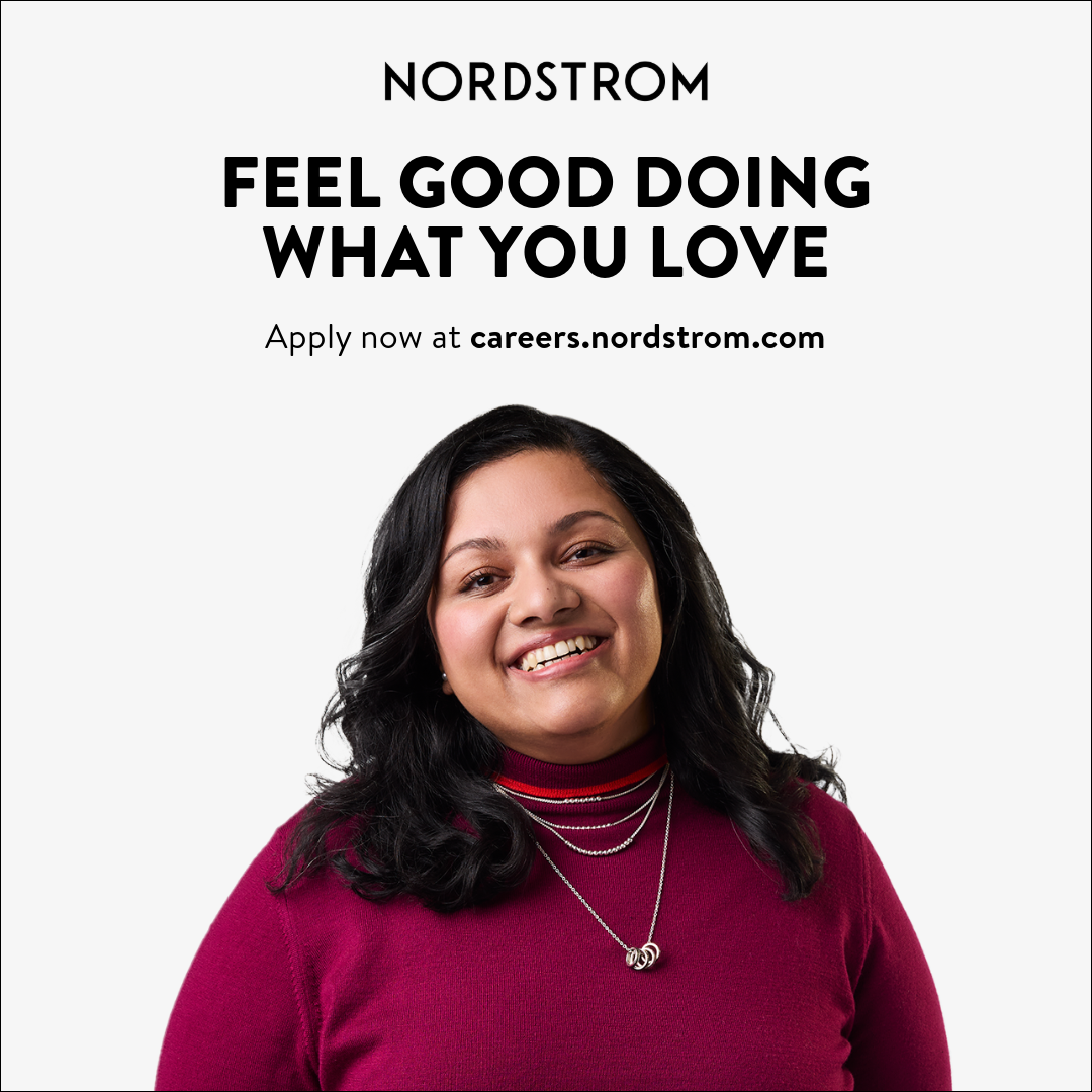 nordstrom logo feel good doing what you love. join our sales team at careers.nordstrom.com with woman smiling 