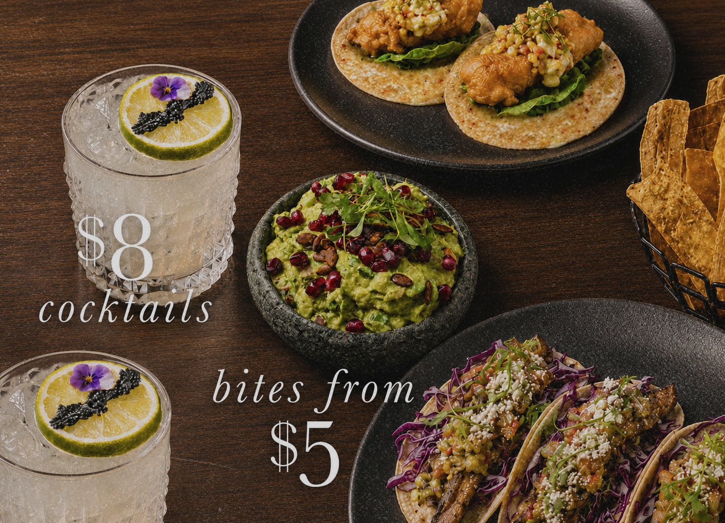table spread of food and drinks with text: $8 cocktails, bites from $5