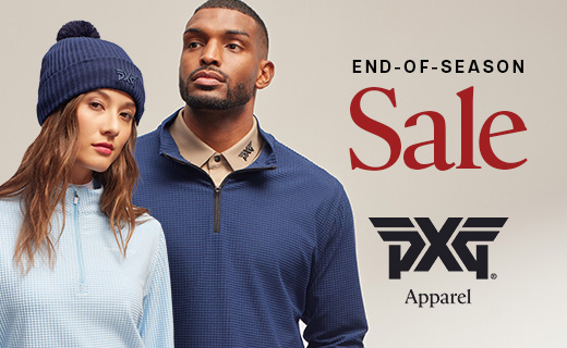 male and female model sporting pxg apparel with text: end-of-season sale pxg apparel logo