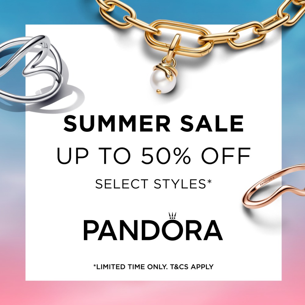 summer sale up to 50% off select styles limited time only. t&cs apply. pandora logo with pieces of jewelry 